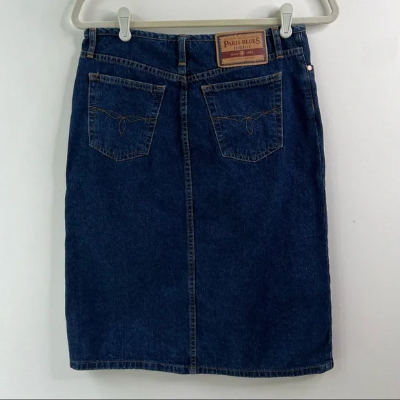 Vintage Y2K high waisted jeans skirt below knee  front slit dark denim Sz3 - Picture 3 of 14